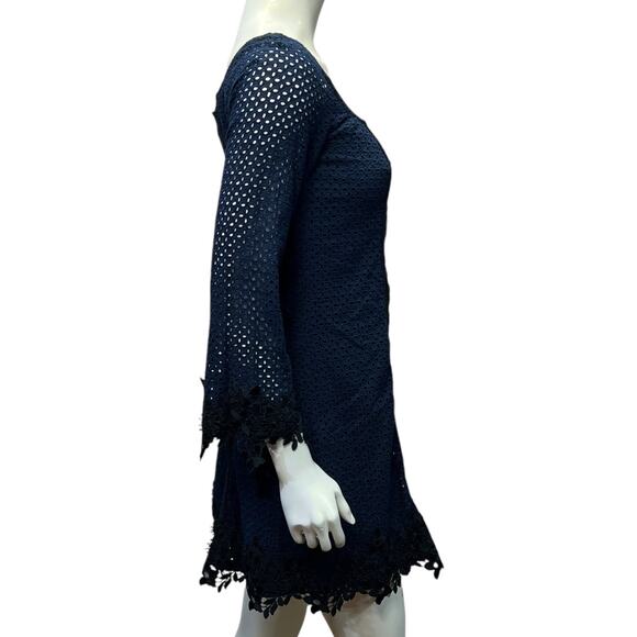 Sara Campbell Navy Blue Cotton Crochet Lace Dress Square Neck USA Made  Size S/M - Picture 5 of 16